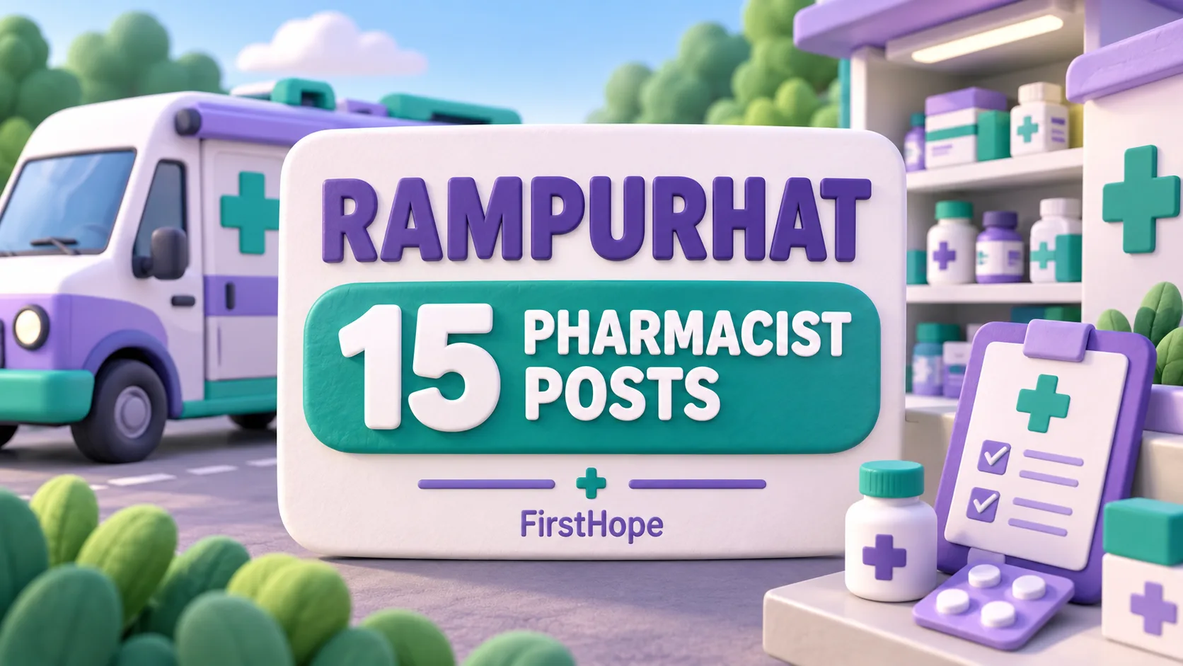 Rampurhat Health District RBSK Pharmacist recruitment cover with clear text and a distinct editorial illustration, FirstHope.