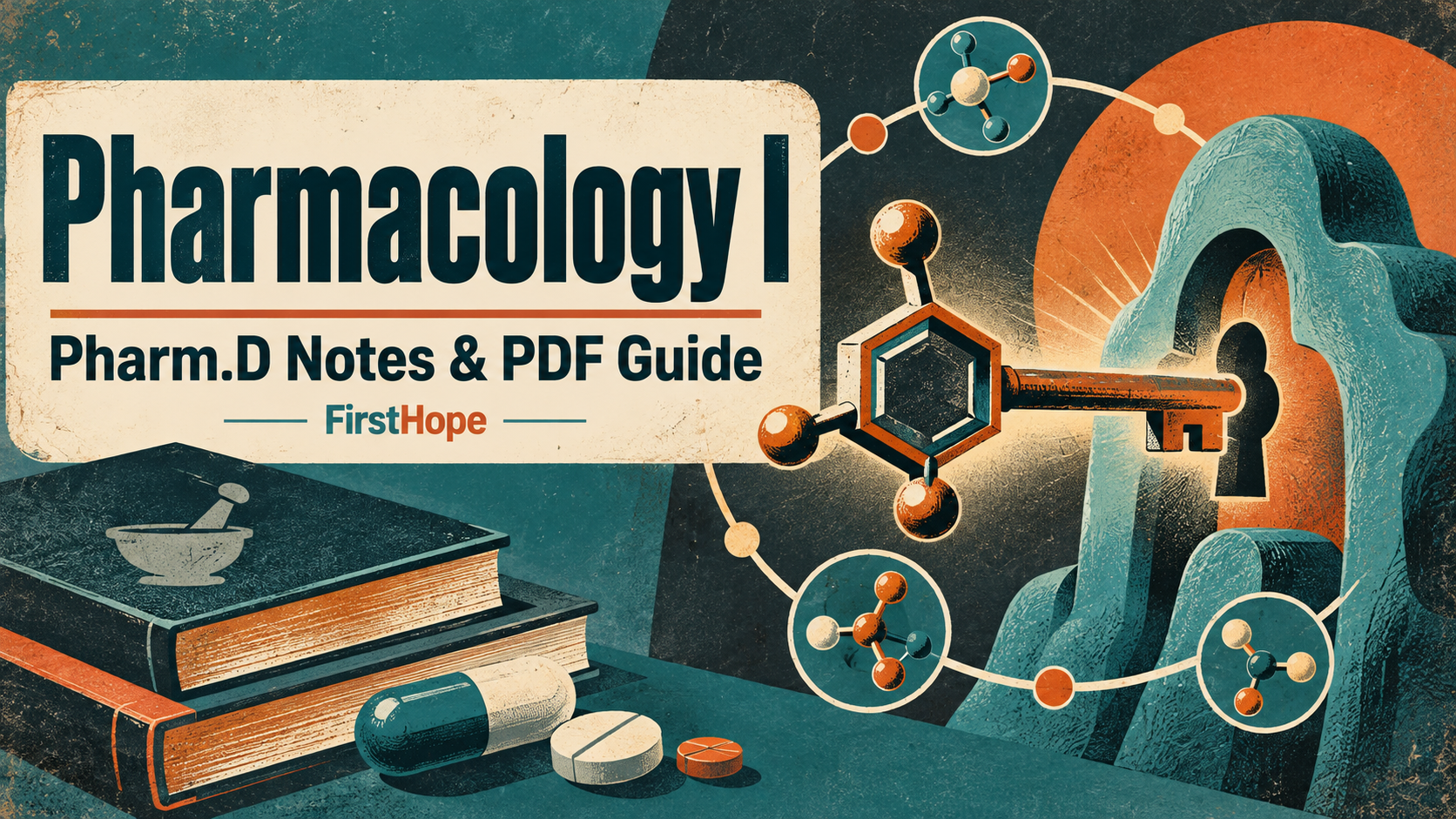 Retro scientific screen print cover titled Pharmacology I, with Pharm.D Notes & PDF Guide and FirstHope branding.