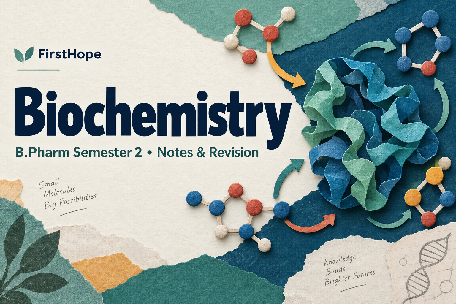editorial collage cover titled Biochemistry, with B.Pharm Semester 2 Notes & Revision and FirstHope branding.