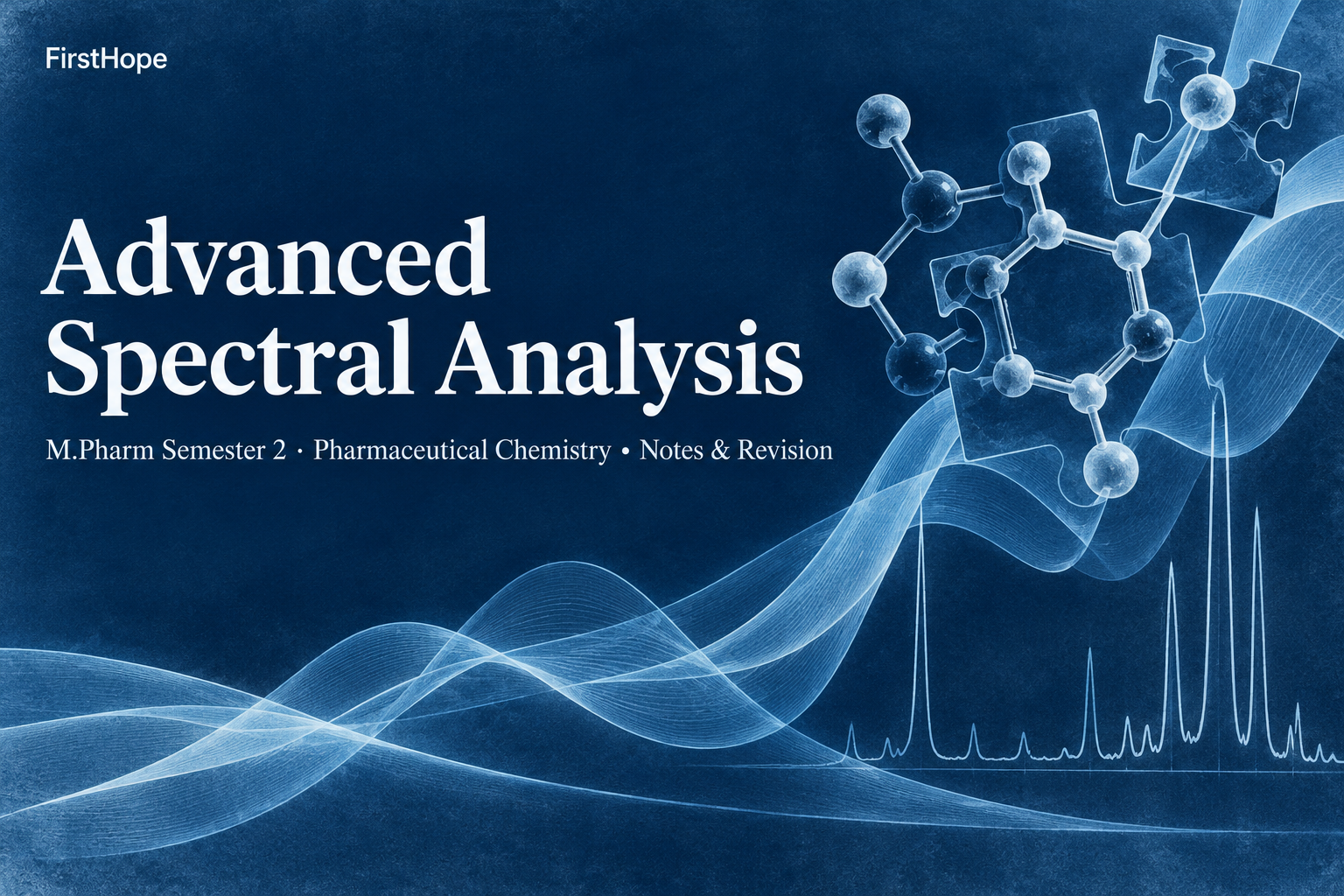 botanical cyanotype cover titled Advanced Spectral Analysis, with M.Pharm Semester 2 · Pharmaceutical Chemistry Notes & Revision and FirstHope branding.