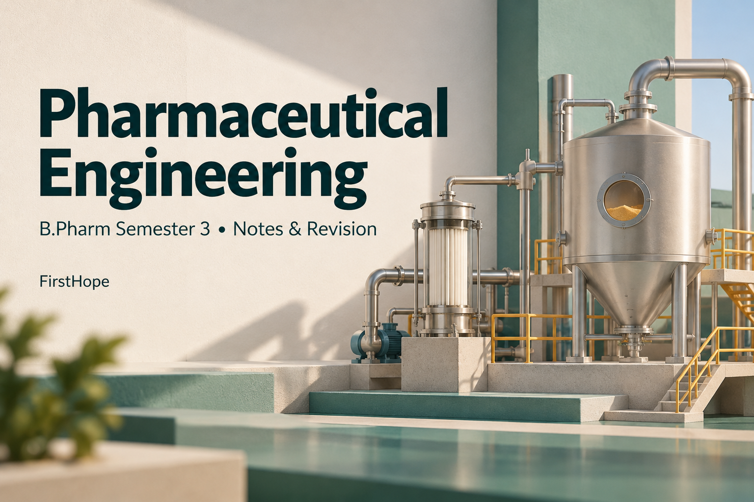 architectural model cover titled Pharmaceutical Engineering, with B.Pharm Semester 3 Notes & Revision and FirstHope branding.