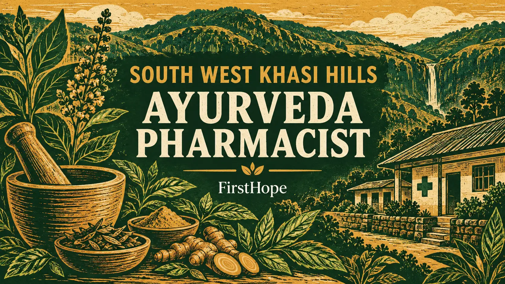 DMHO South West Khasi Hills Ayurveda Pharmacist recruitment cover with clear text and a distinct editorial illustration, FirstHope.