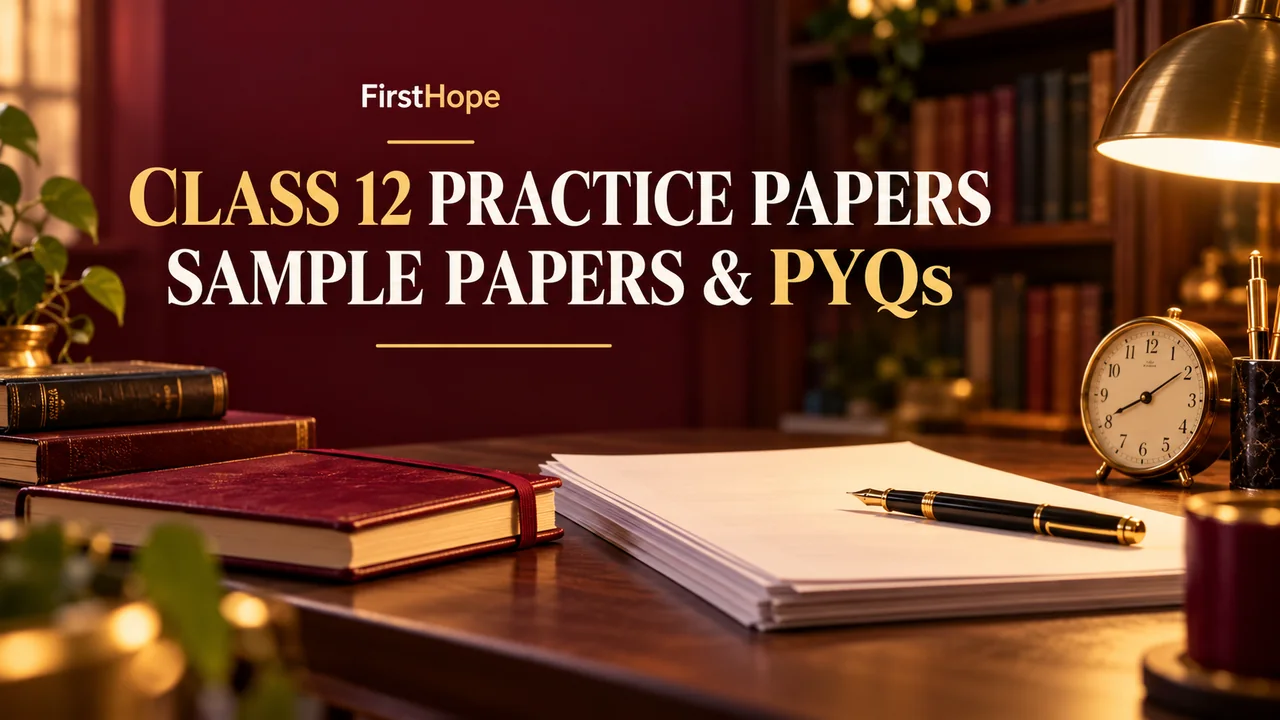 Class 12 practice-paper cover showing a warm library study desk and the text CLASS 12 PRACTICE PAPERS — SAMPLE PAPERS & PYQs.