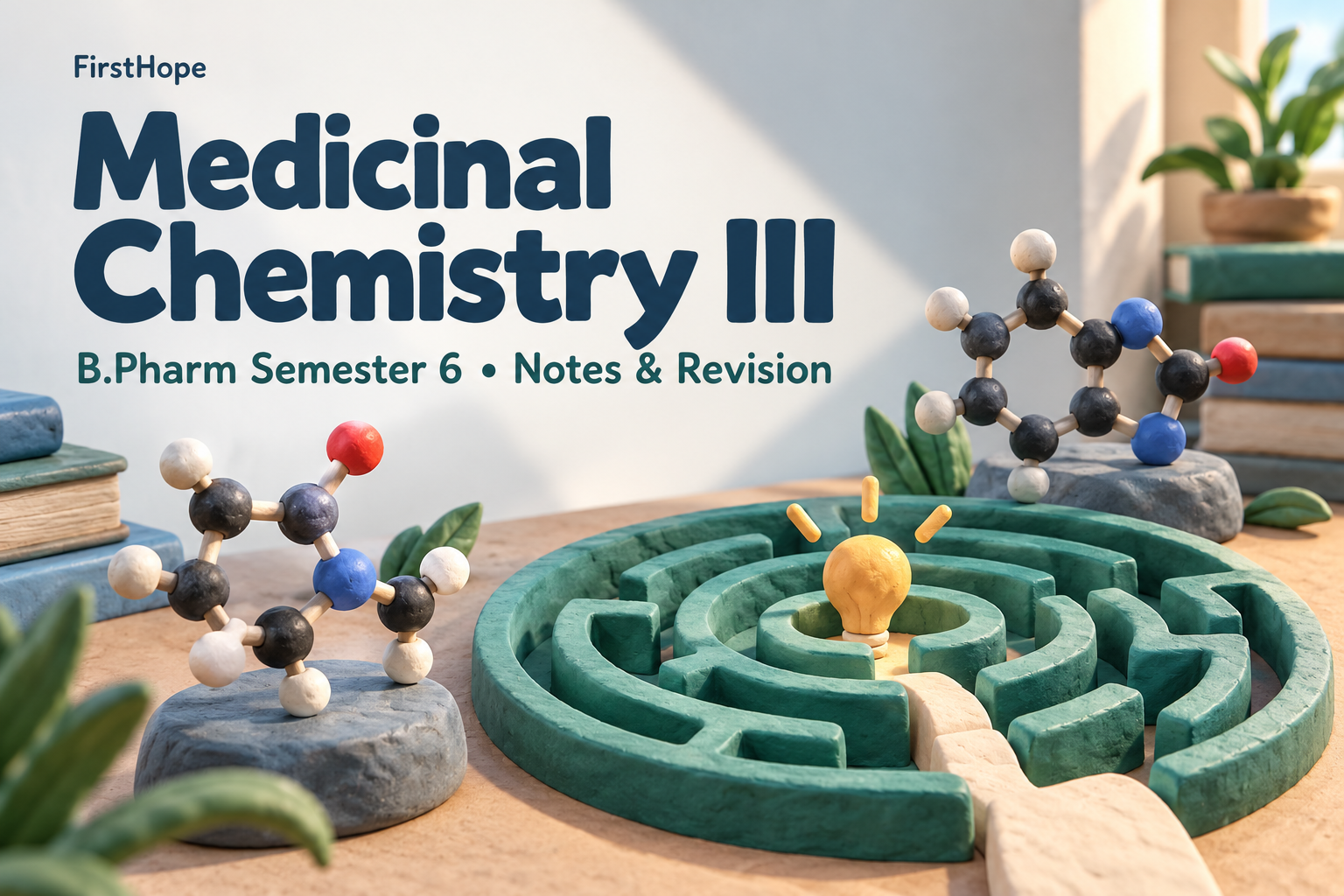 clay sculpture cover titled Medicinal Chemistry III, with B.Pharm Semester 6 Notes & Revision and FirstHope branding.