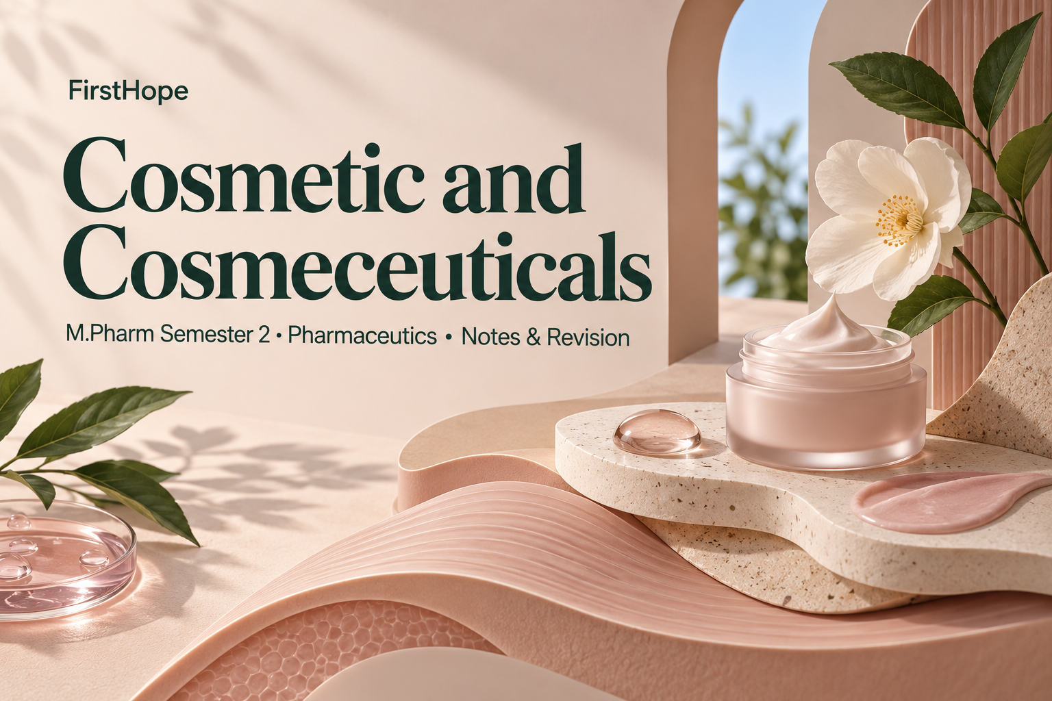 architectural model cover titled Cosmetic and Cosmeceuticals, with M.Pharm Semester 2 · Pharmaceutics Notes & Revision and FirstHope branding.
