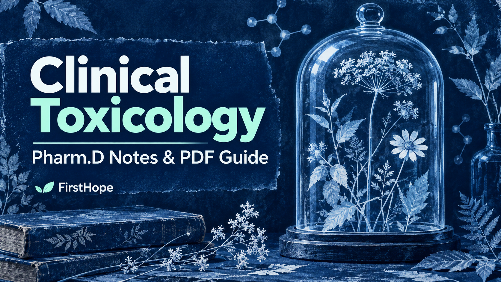 Dark botanical cyanotype cover titled Clinical Toxicology, with Pharm.D Notes & PDF Guide and FirstHope branding.