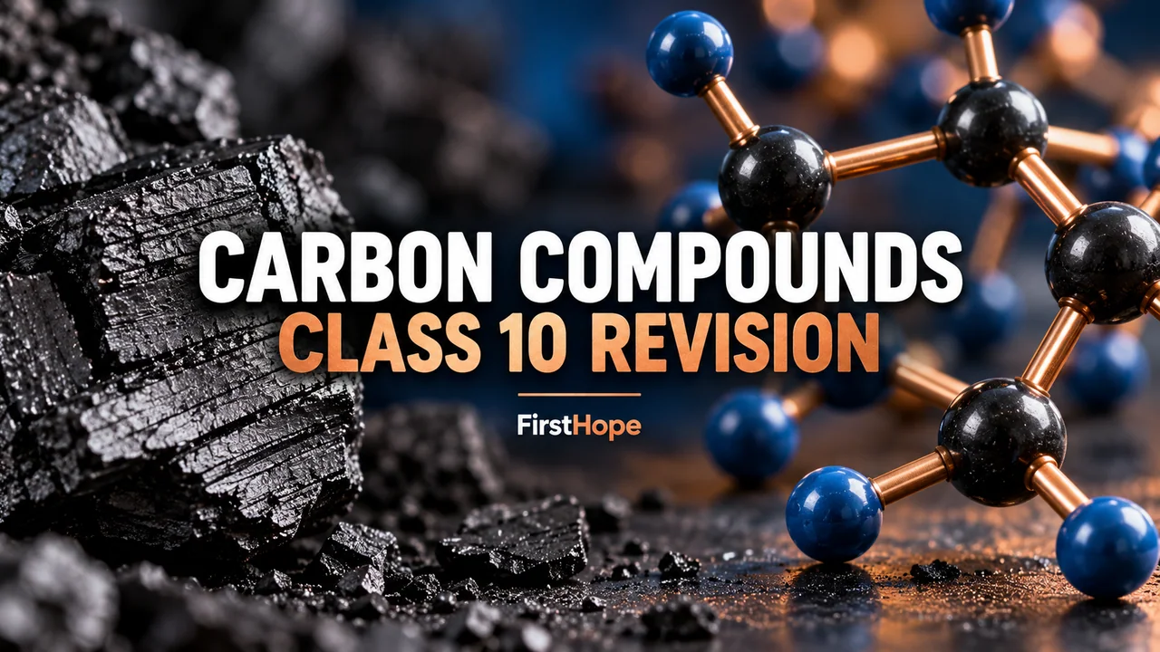 FirstHope Carbon and Its Compounds Class 10 Notes PDF cover with a distinct creative study scene and large readable text.