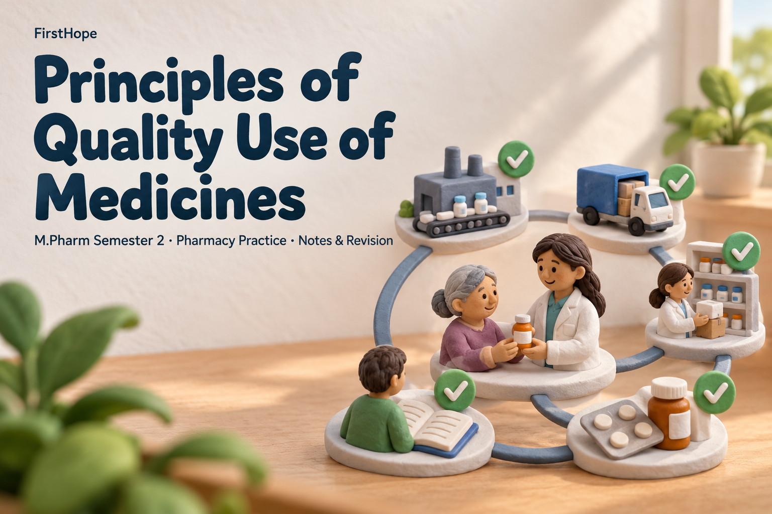 clay sculpture cover titled Principles of Quality Use of Medicines, with M.Pharm Semester 2 · Pharmacy Practice Notes & Revision and FirstHope branding.