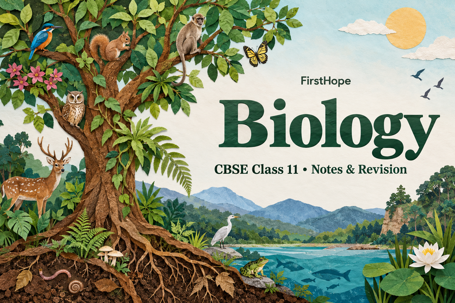 editorial collage cover titled Biology, with CBSE Class 11 Notes & Revision and FirstHope branding.