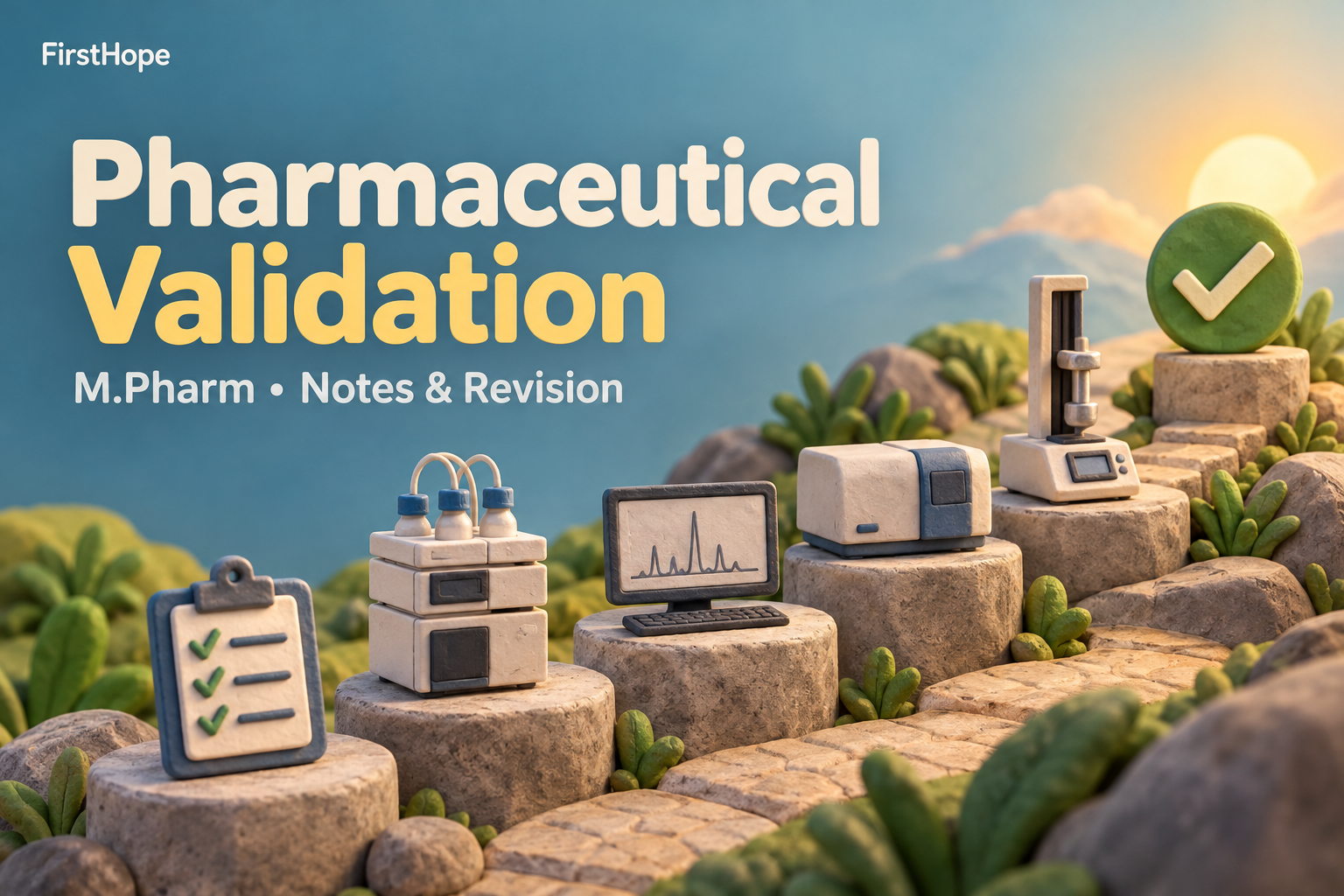 clay sculpture cover titled Pharmaceutical Validation, with M.Pharm Notes & Revision and FirstHope branding.