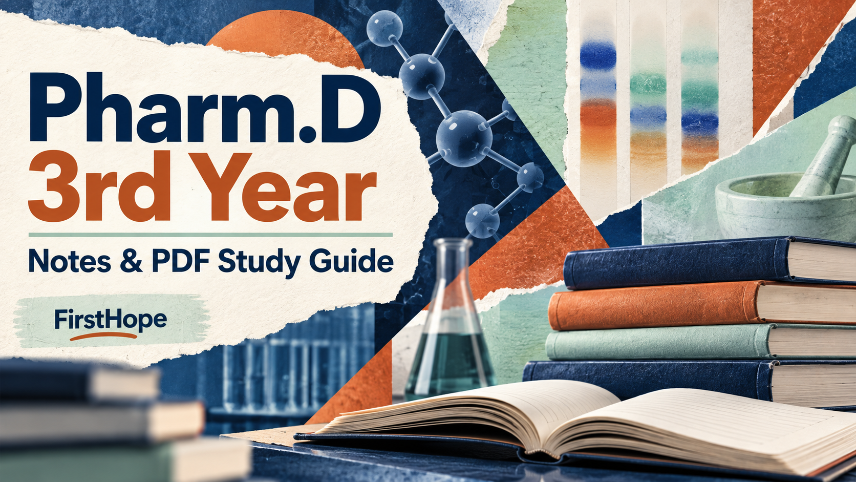 Editorial geometric collage cover titled Pharm.D 3rd Year, with Notes & PDF Study Guide and FirstHope branding.