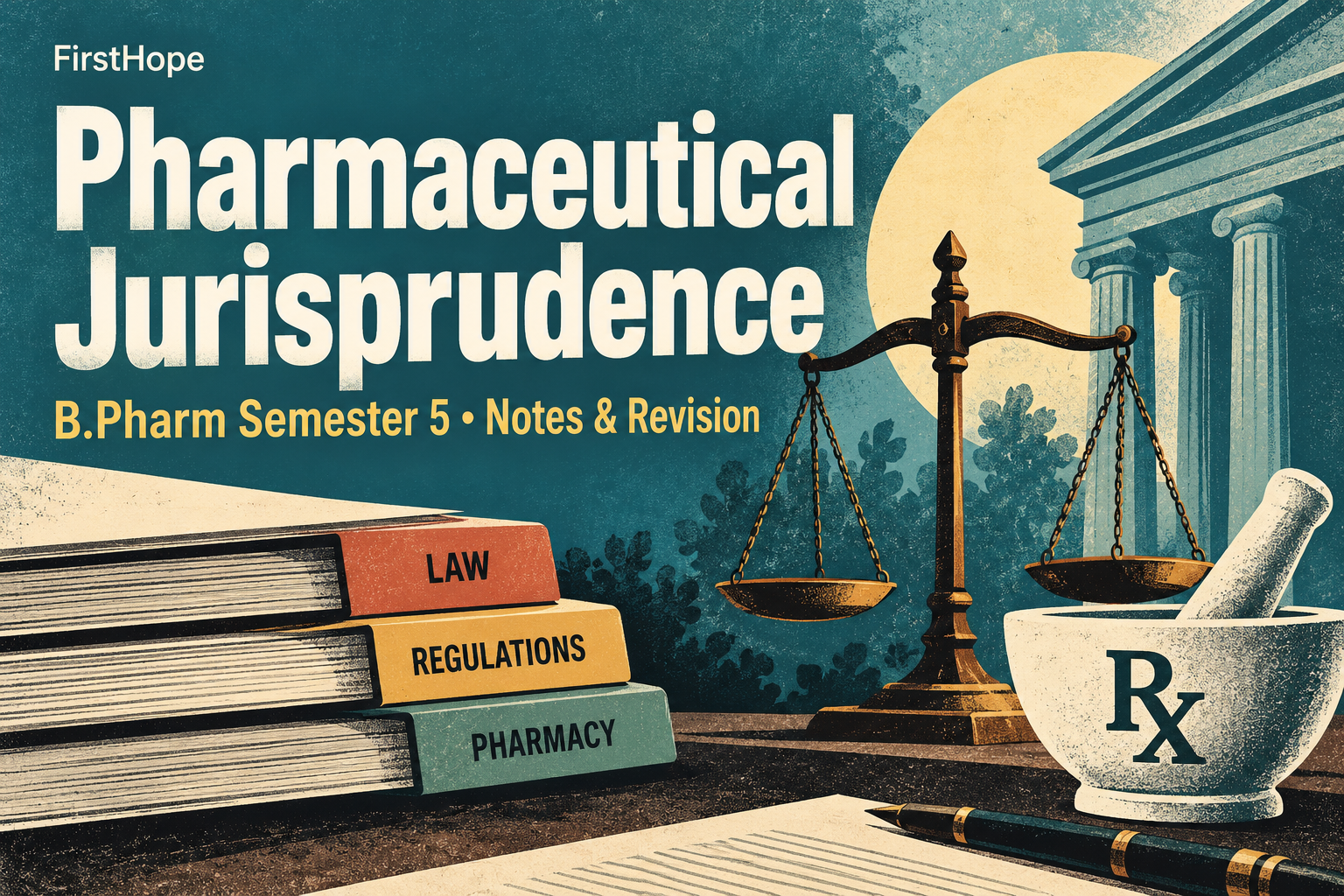 retro science print cover titled Pharmaceutical Jurisprudence, with B.Pharm Semester 5 Notes & Revision and FirstHope branding.