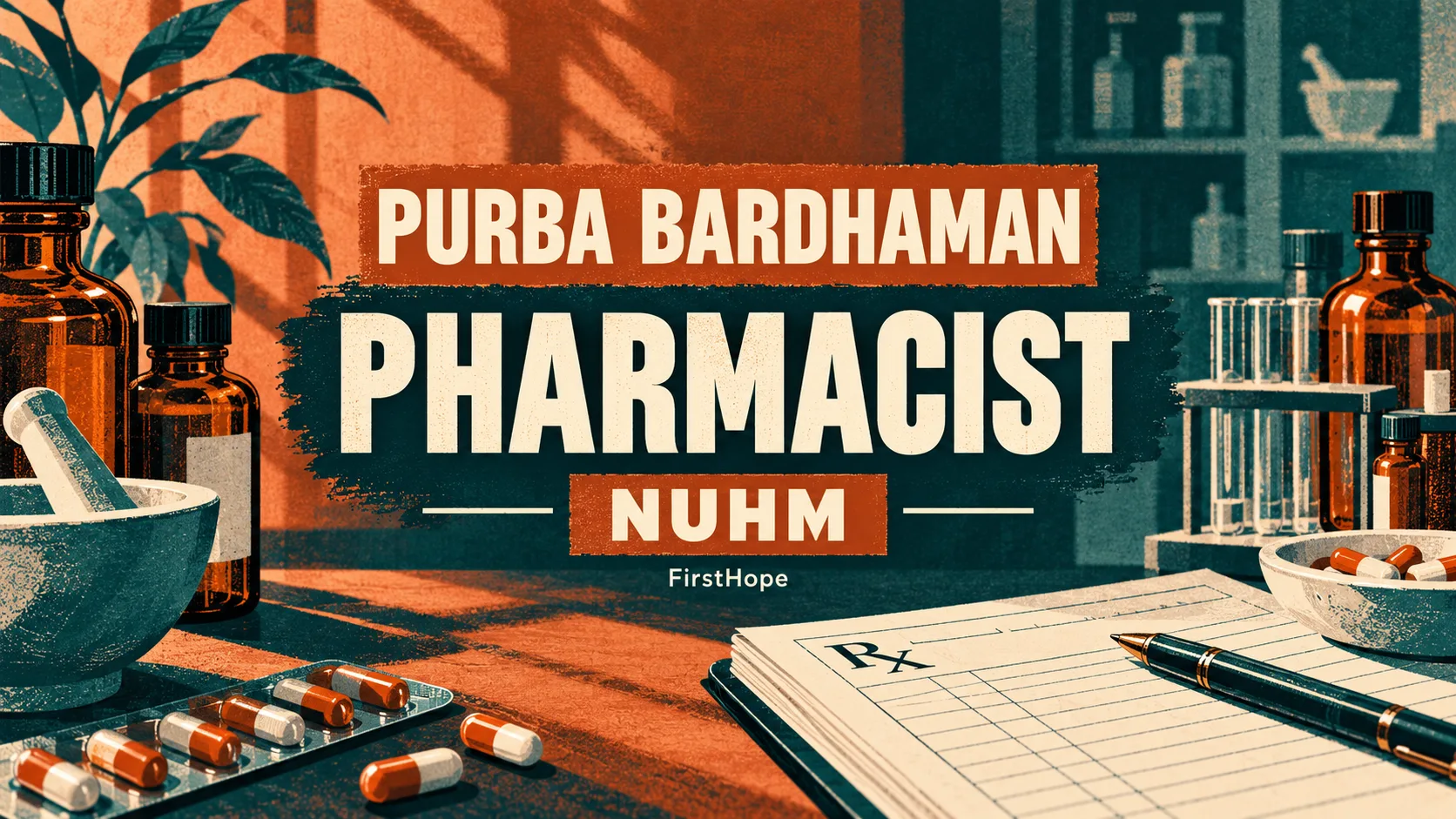 Purba Bardhaman DHFWS NUHM Pharmacist recruitment cover with clear text and a distinct editorial illustration, FirstHope.