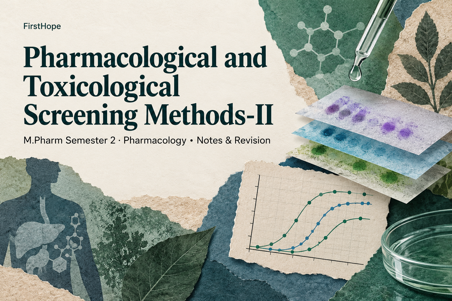 editorial collage cover titled Pharmacological and Toxicological Screening Methods-II, with M.Pharm Semester 2 · Pharmacology Notes & Revision and FirstHope branding.