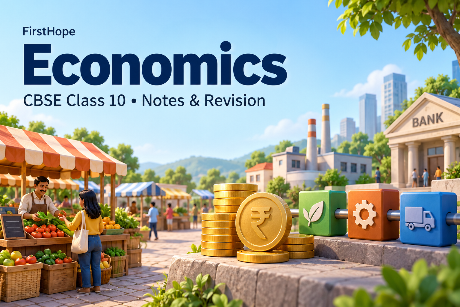 vivid 3D abstract cover titled Economics, with CBSE Class 10 Notes & Revision and FirstHope branding.