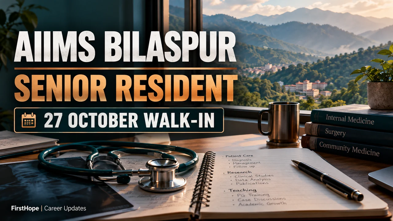 AIIMS Bilaspur Senior Resident cover with medical books, Himalayan foothills and 27 October walk-in.