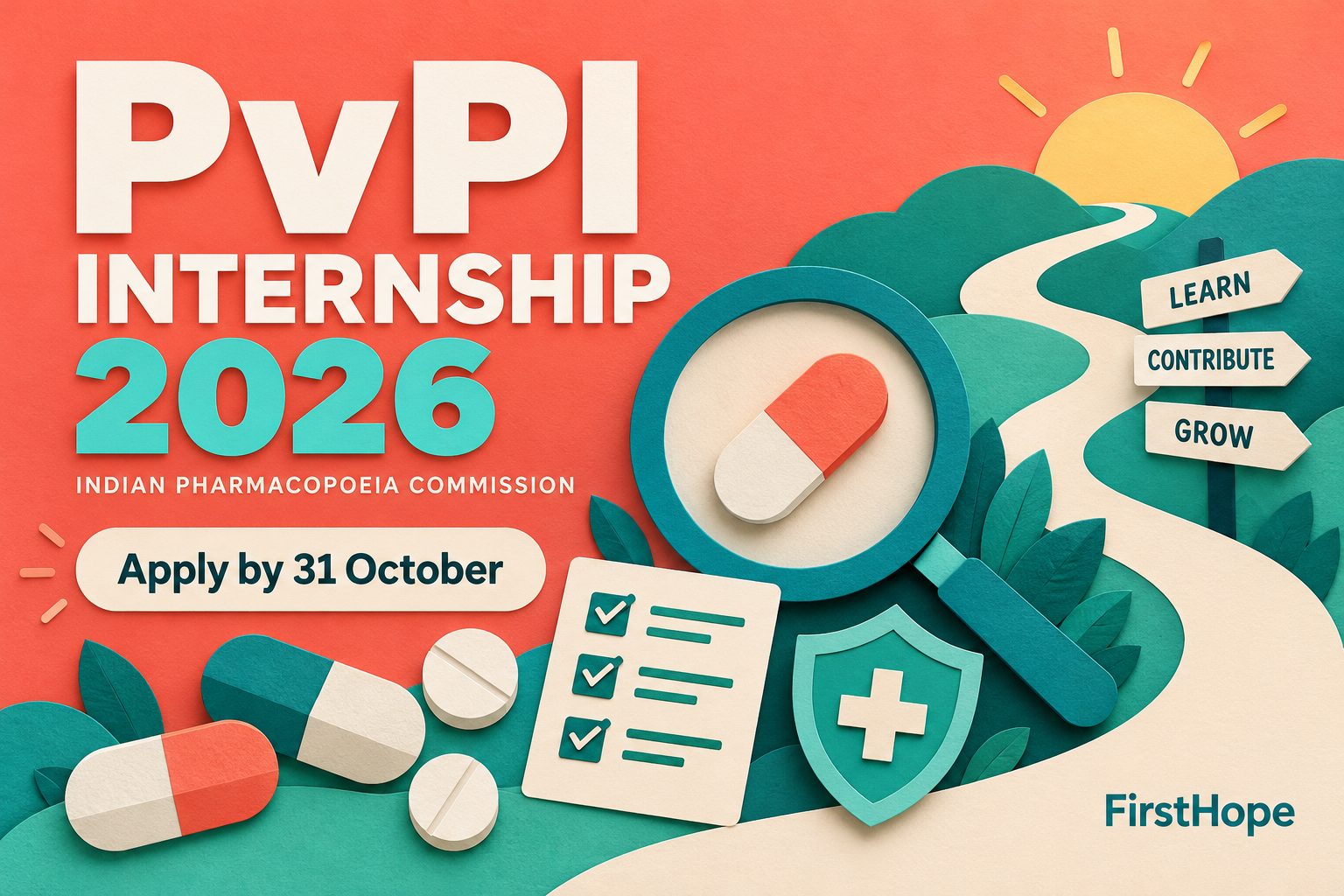 Indian Pharmacopoeia Commission pvpi internship 2026 cover, with INDIAN PHARMACOPOEIA COMMISSION and application date text.