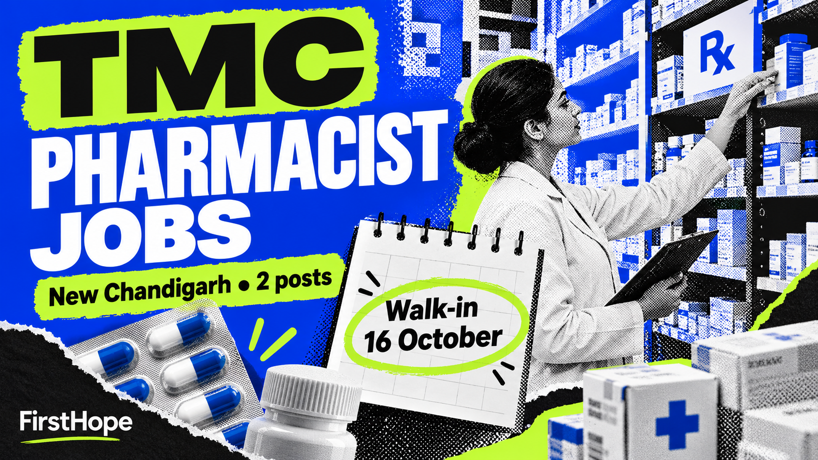 TMC / HBCH&RC through Innovsource Services tmc pharmacist jobs cover, with New Chandigarh • 2 posts and interview date text.