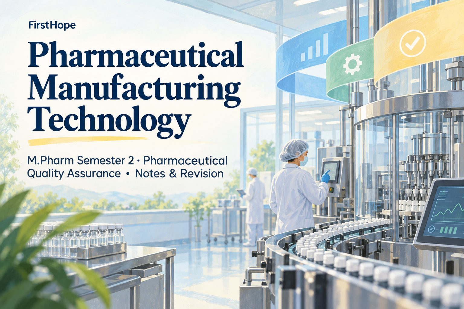pastel gouache cover titled Pharmaceutical Manufacturing Technology, with M.Pharm Semester 2 · Pharmaceutical Quality Assurance Notes & Revision and FirstHope branding.