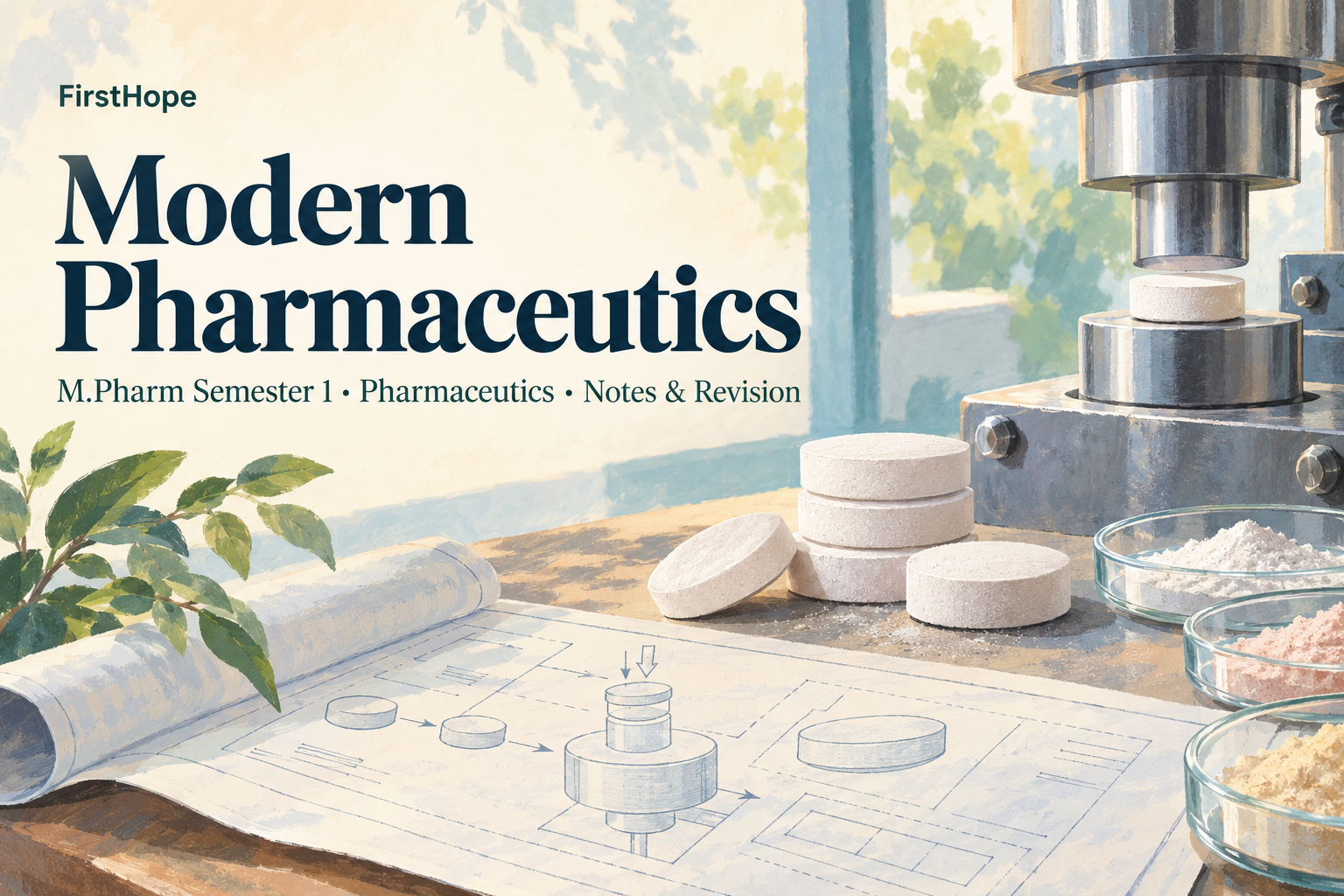 pastel gouache cover titled Modern Pharmaceutics, with M.Pharm Semester 1 · Pharmaceutics Notes & Revision and FirstHope branding.