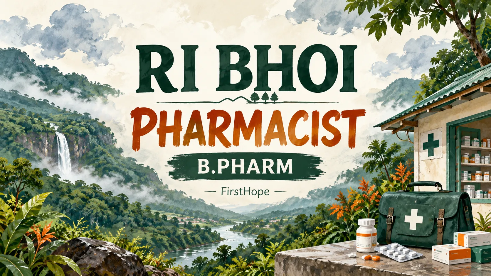 DMHO Ri Bhoi, Meghalaya Pharmacist recruitment cover with clear text and a distinct editorial illustration, FirstHope.