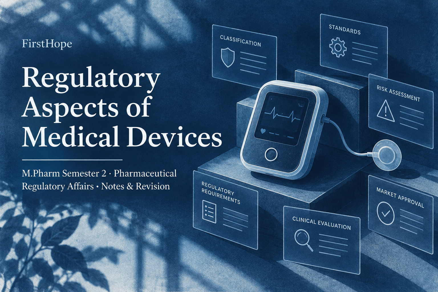 botanical cyanotype cover titled Regulatory Aspects of Medical Devices, with M.Pharm Semester 2 · Pharmaceutical Regulatory Affairs Notes & Revision and FirstHope branding.