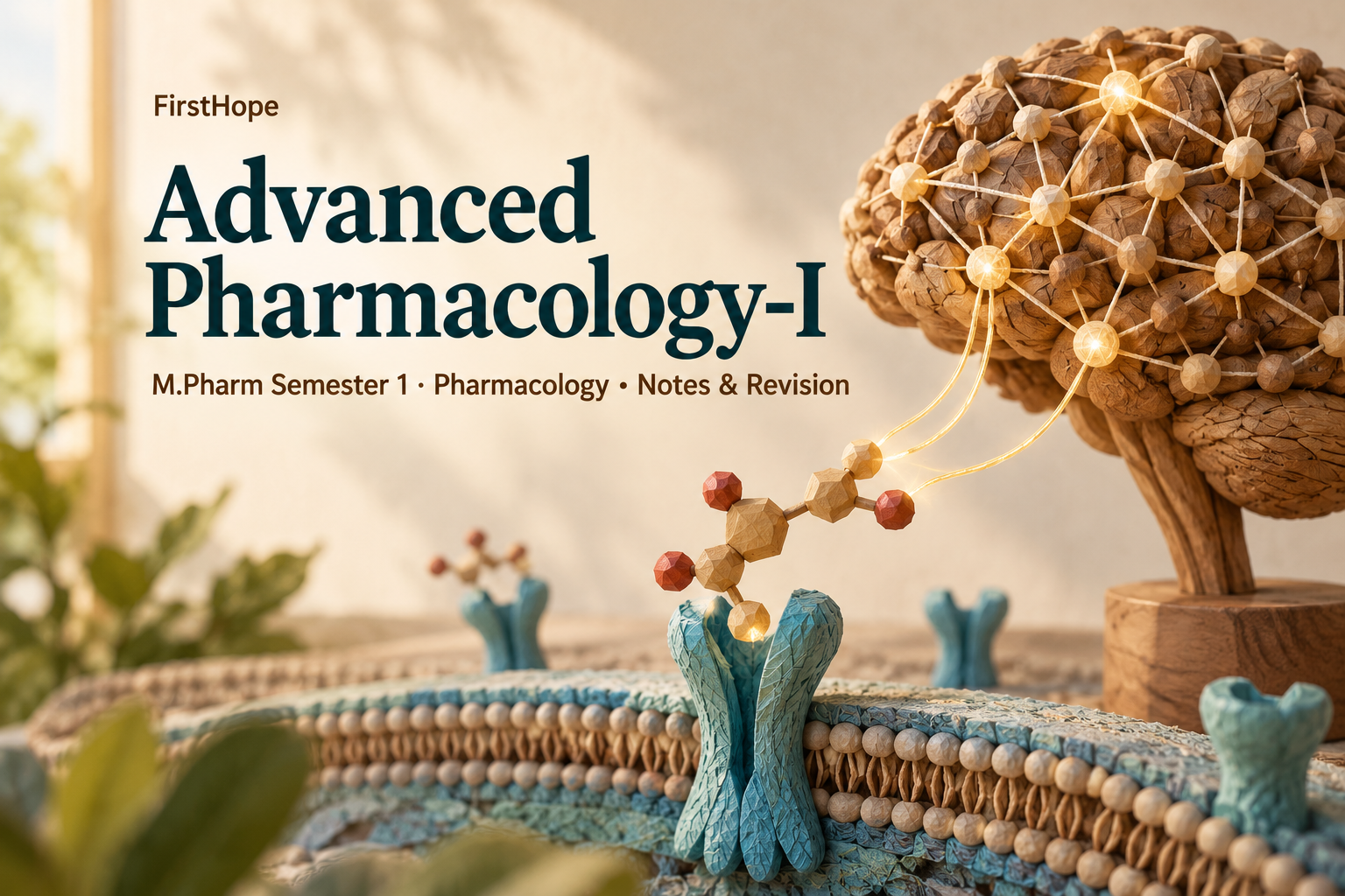 wood and woven paper cover titled Advanced Pharmacology-I, with M.Pharm Semester 1 · Pharmacology Notes & Revision and FirstHope branding.