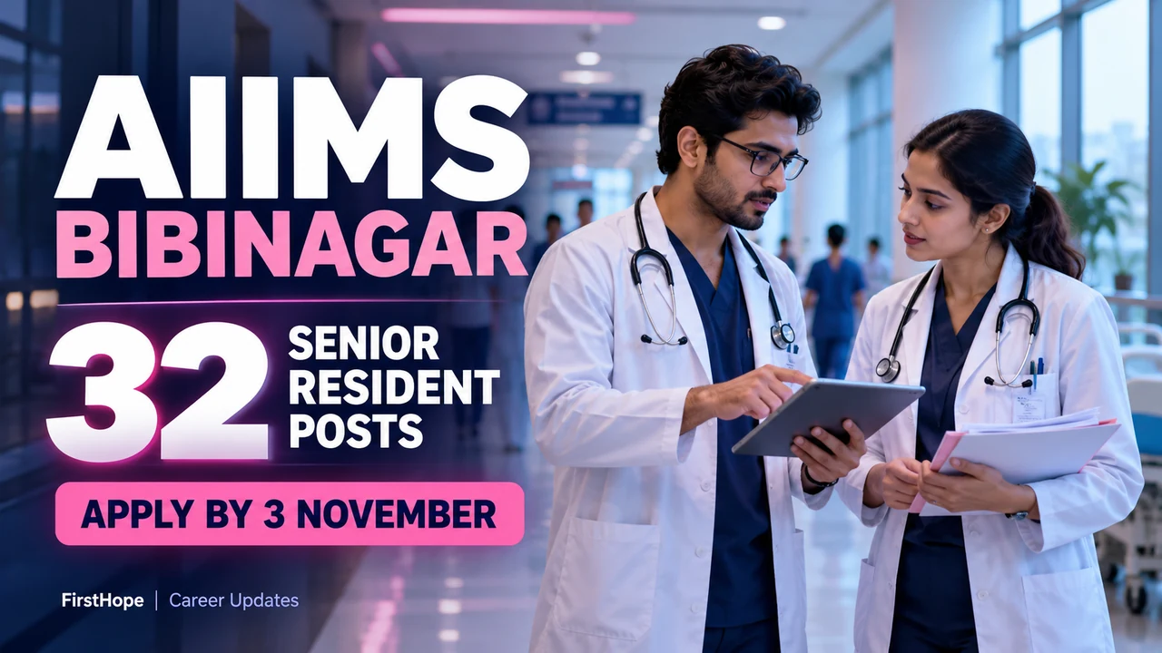 AIIMS Bibinagar cover with two doctors, 32 Senior Resident posts and 3 November deadline.