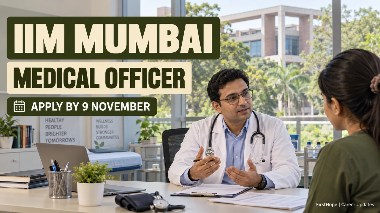IIM Mumbai Medical Officer recruitment cover showing a campus clinic doctor and 9 November deadline.