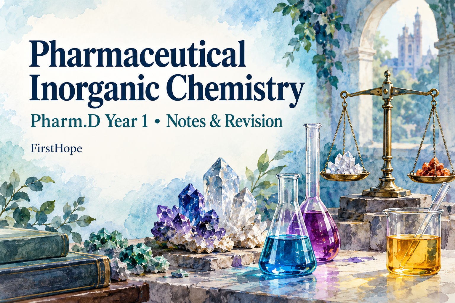 ink and watercolour cover titled Pharmaceutical Inorganic Chemistry, with Pharm.D Year 1 Notes & Revision and FirstHope branding.