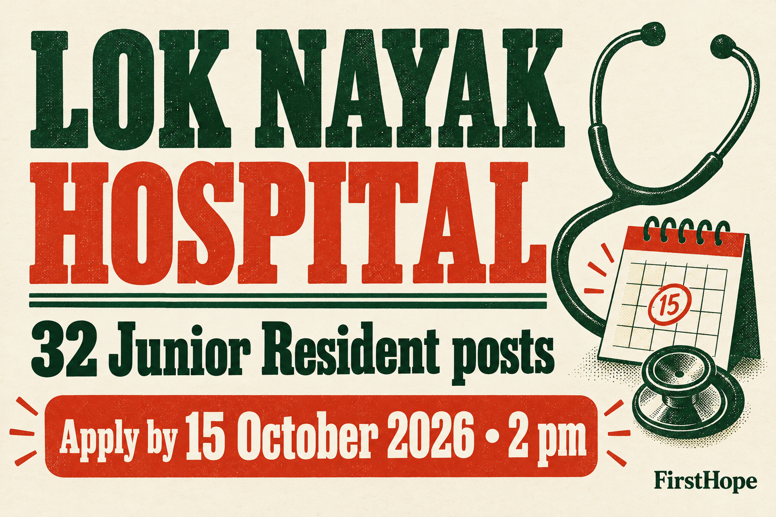 FirstHope healthcare career cover for Lok Nayak Hospital Junior Resident: Apply by 15 October, 2 pm, showing the employer, job role and application or walk-in date in readable text.