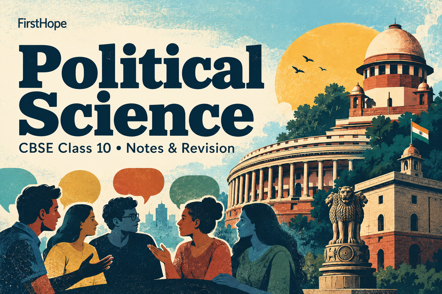 retro science print cover titled Political Science, with CBSE Class 10 Notes & Revision and FirstHope branding.