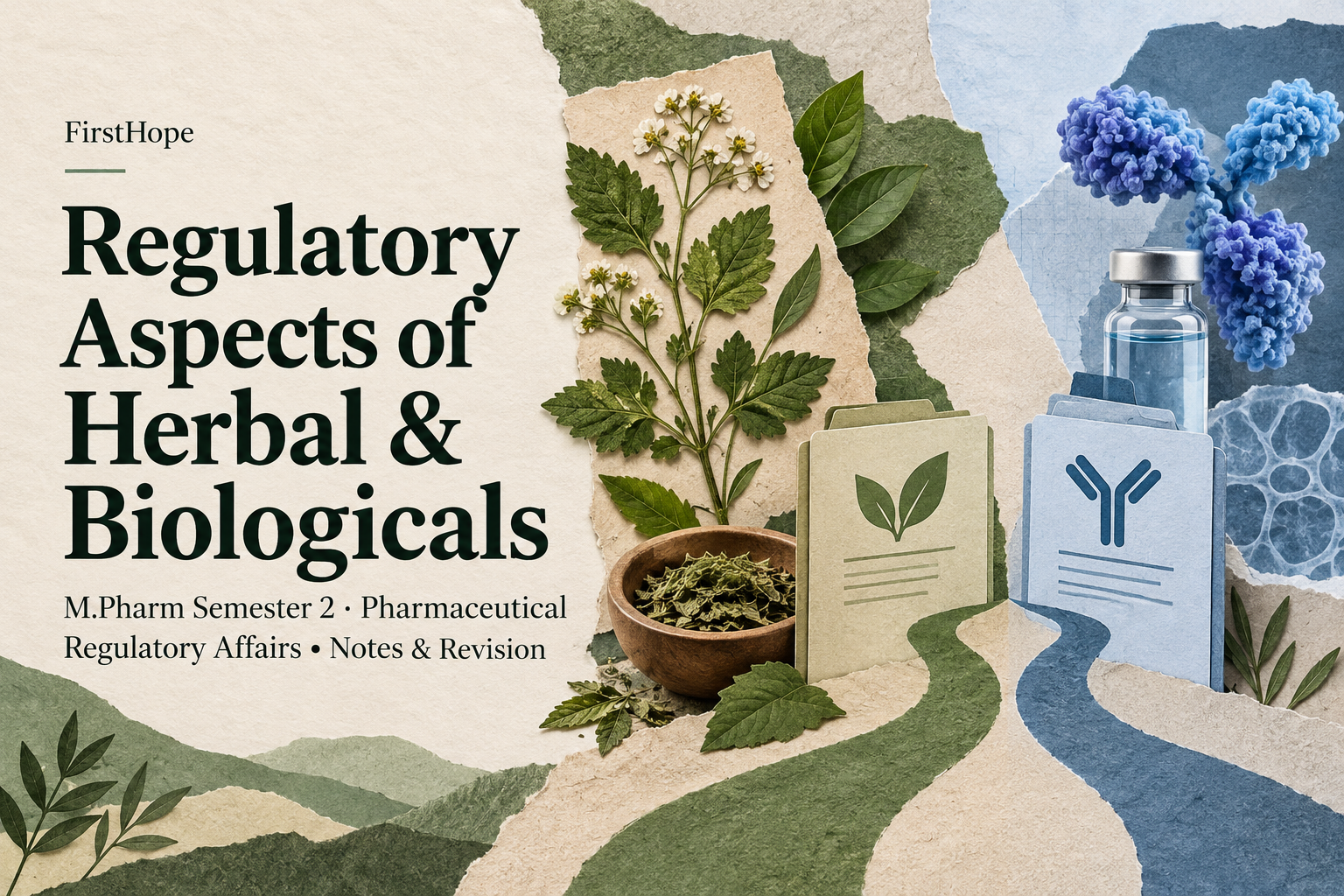 editorial collage cover titled Regulatory Aspects of Herbal & Biologicals, with M.Pharm Semester 2 · Pharmaceutical Regulatory Affairs Notes & Revision and FirstHope branding.