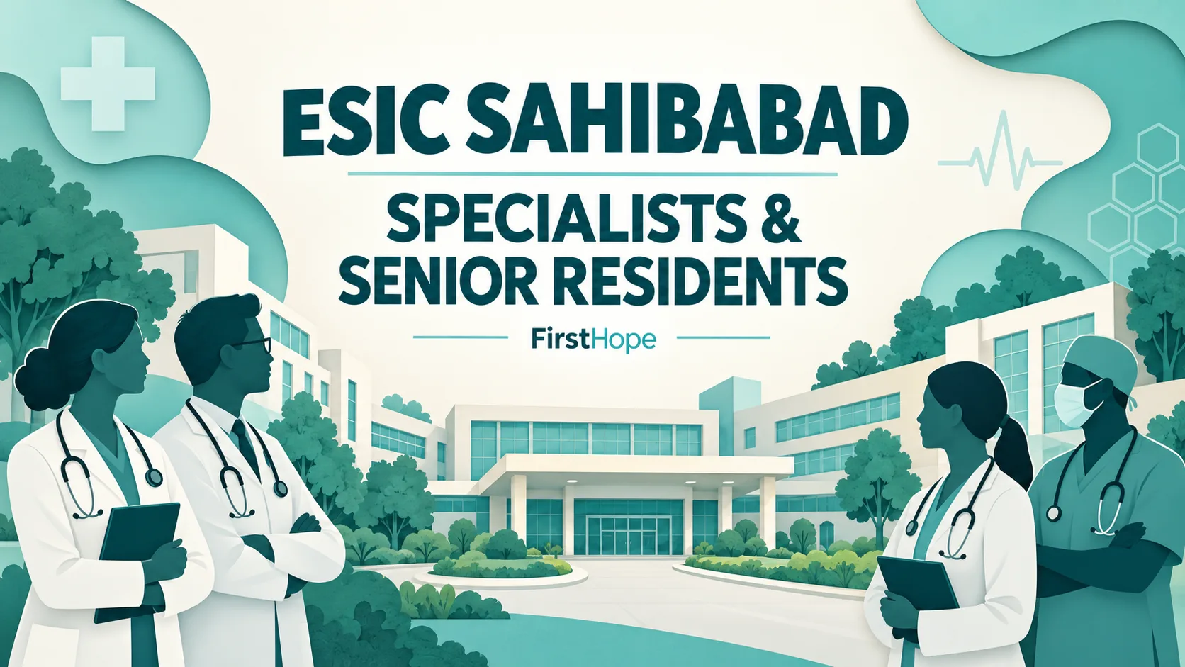 ESIC Hospital Sahibabad Specialists and Senior Residents recruitment cover with clear text and a distinct editorial illustration, FirstHope.