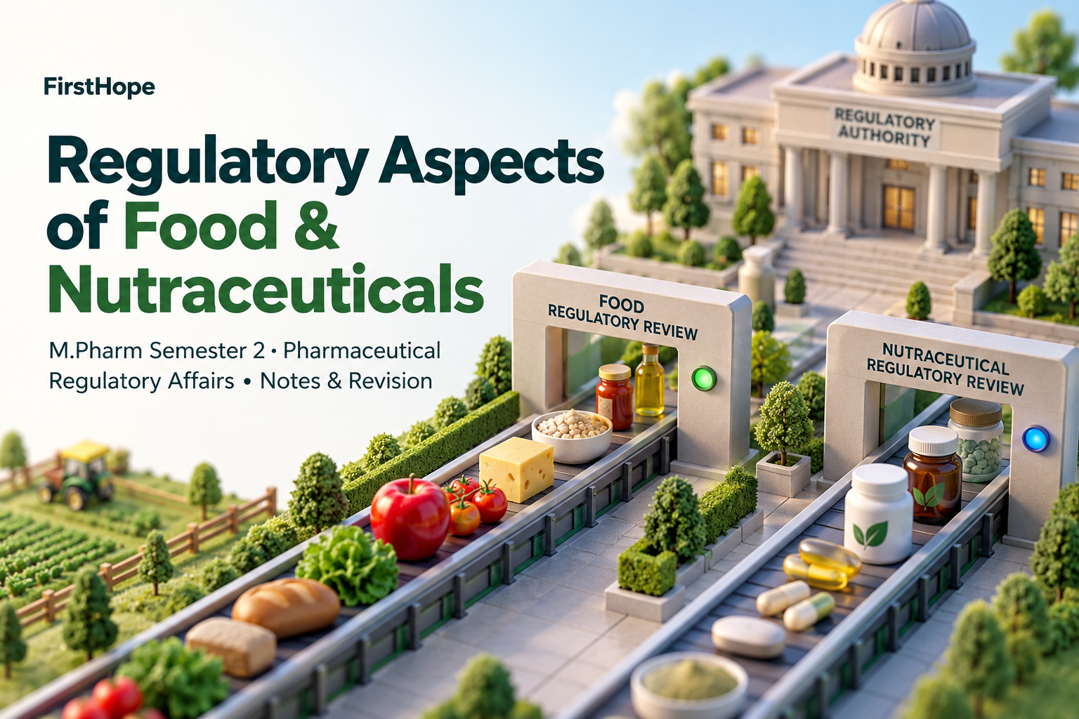 isometric miniature cover titled Regulatory Aspects of Food & Nutraceuticals, with M.Pharm Semester 2 · Pharmaceutical Regulatory Affairs Notes & Revision and FirstHope branding.