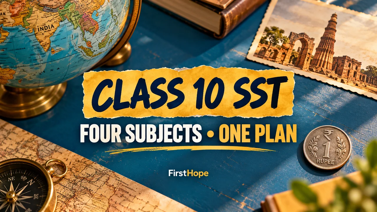 FirstHope SST Notes Class 10 PDF: History, Geography, Civics and Economics cover with a distinct creative study scene and large readable text.