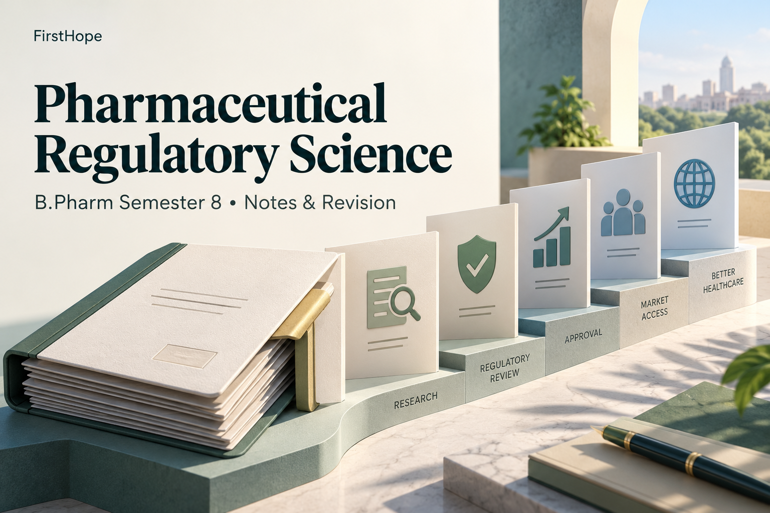 architectural model cover titled Pharmaceutical Regulatory Science, with B.Pharm Semester 8 Notes & Revision and FirstHope branding.