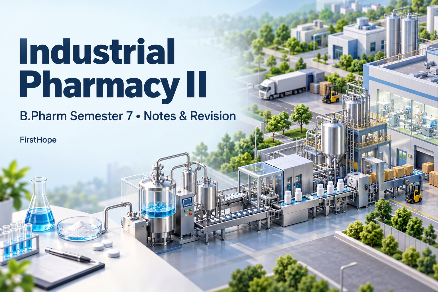 isometric miniature cover titled Industrial Pharmacy II, with B.Pharm Semester 7 Notes & Revision and FirstHope branding.