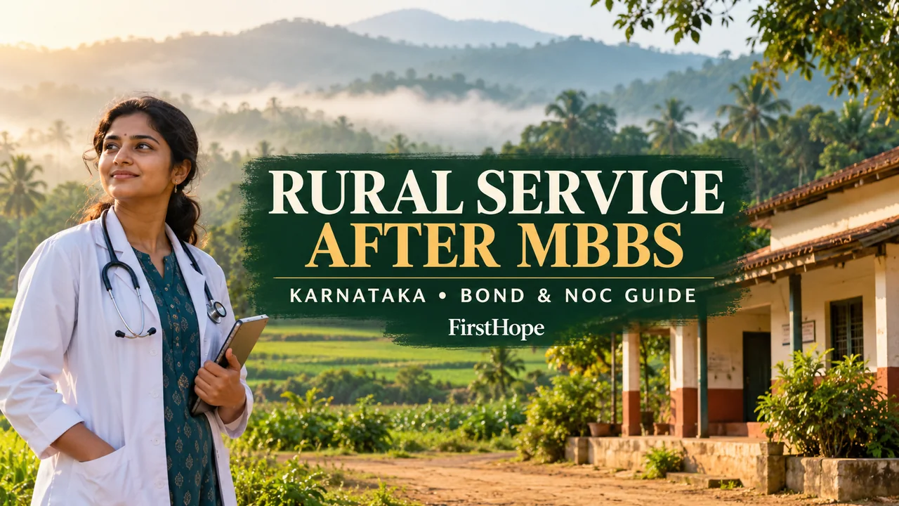 FirstHope Karnataka rural service after MBBS cover with a doctor outside a rural health centre.