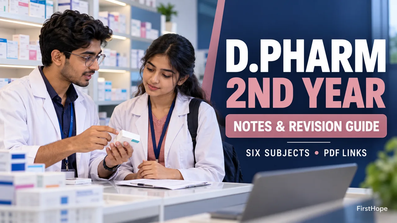 D.PHARM 2ND YEAR — NOTES AND REVISION GUIDE, SIX SUBJECTS AND PDF LINKS with students practising at a dispensing counter.