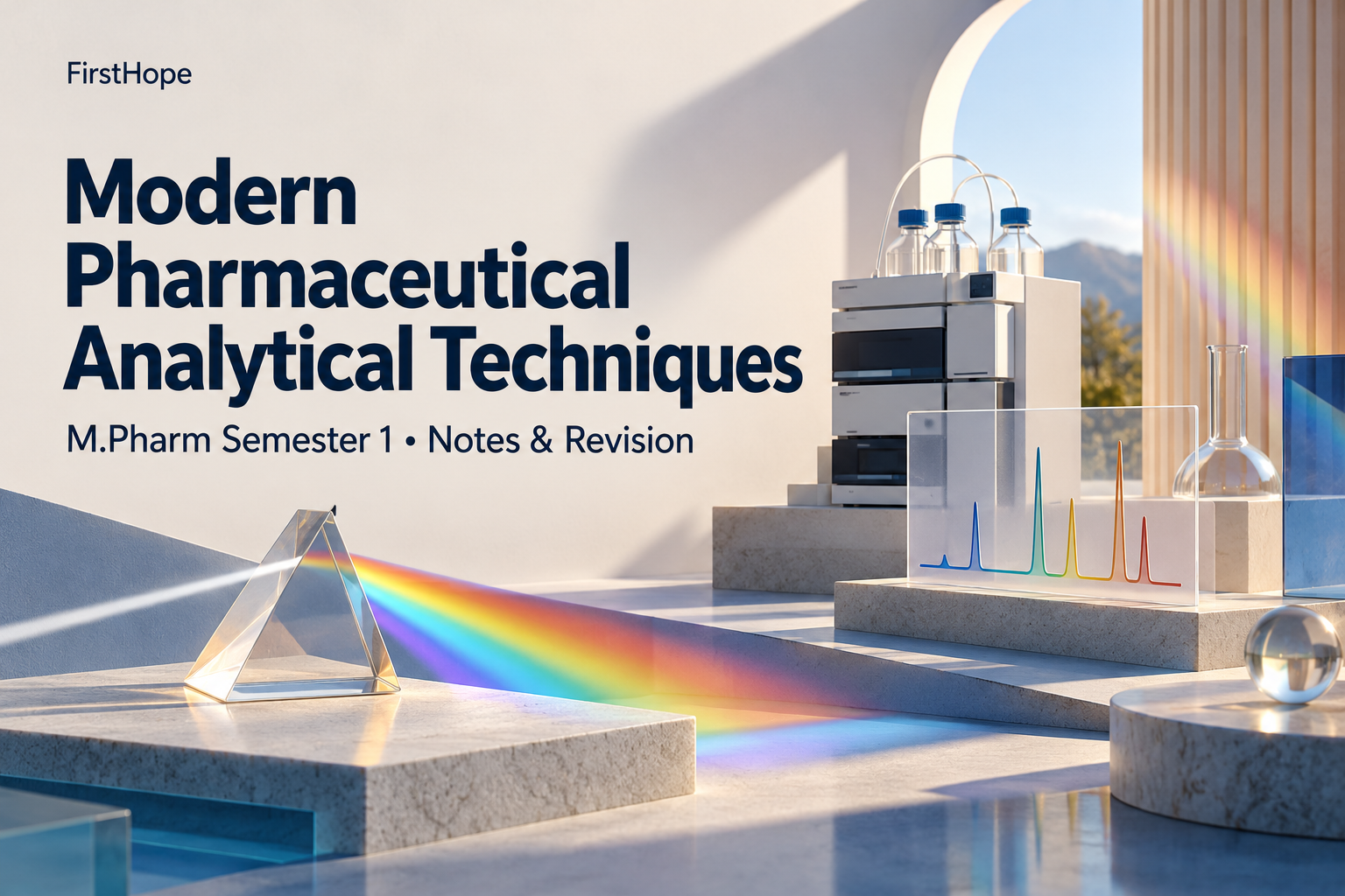 architectural model cover titled Modern Pharmaceutical Analytical Techniques, with M.Pharm Semester 1 Notes & Revision and FirstHope branding.