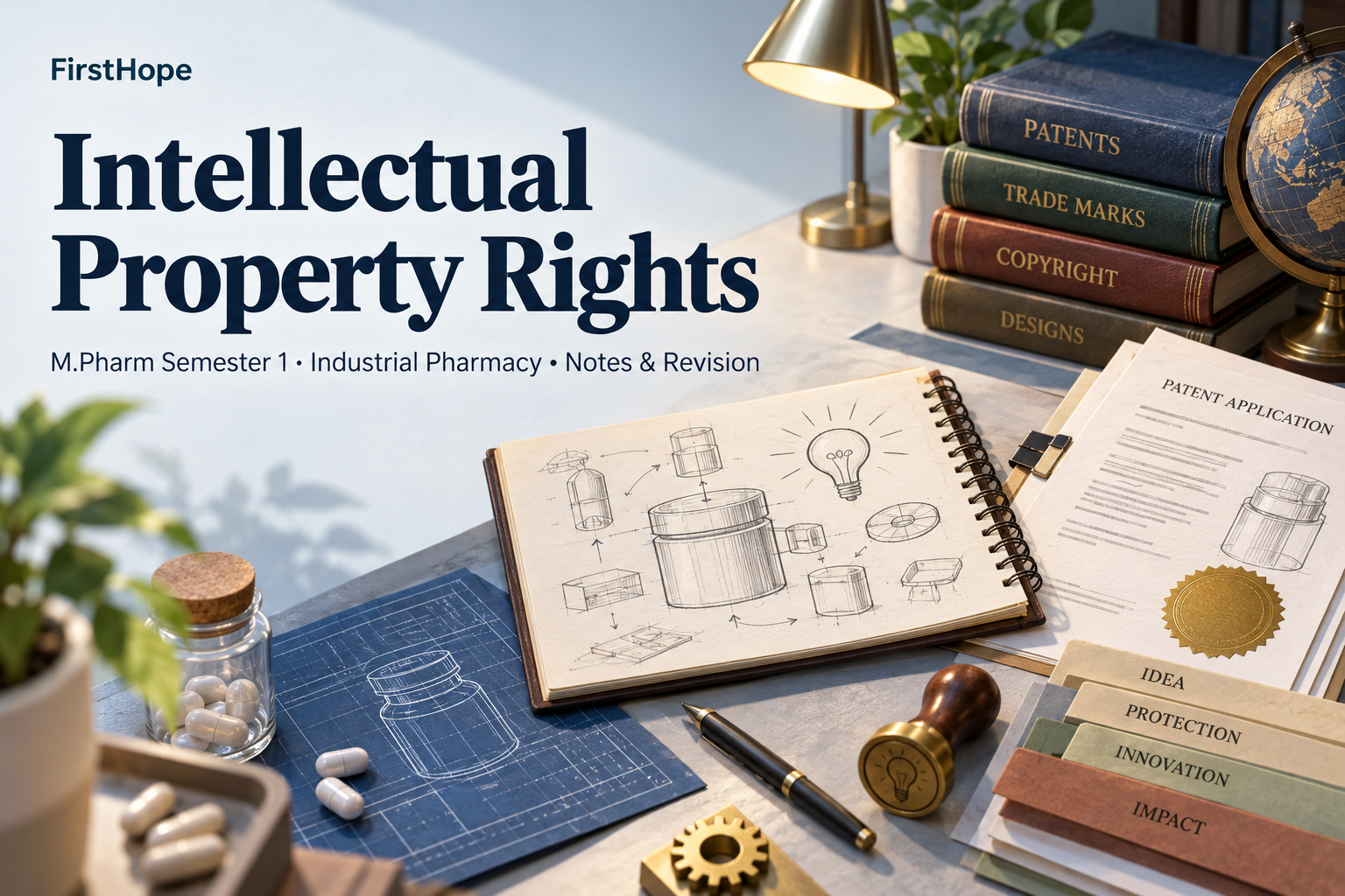 isometric miniature cover titled Intellectual Property Rights, with M.Pharm Semester 1 · Industrial Pharmacy Notes & Revision and FirstHope branding.
