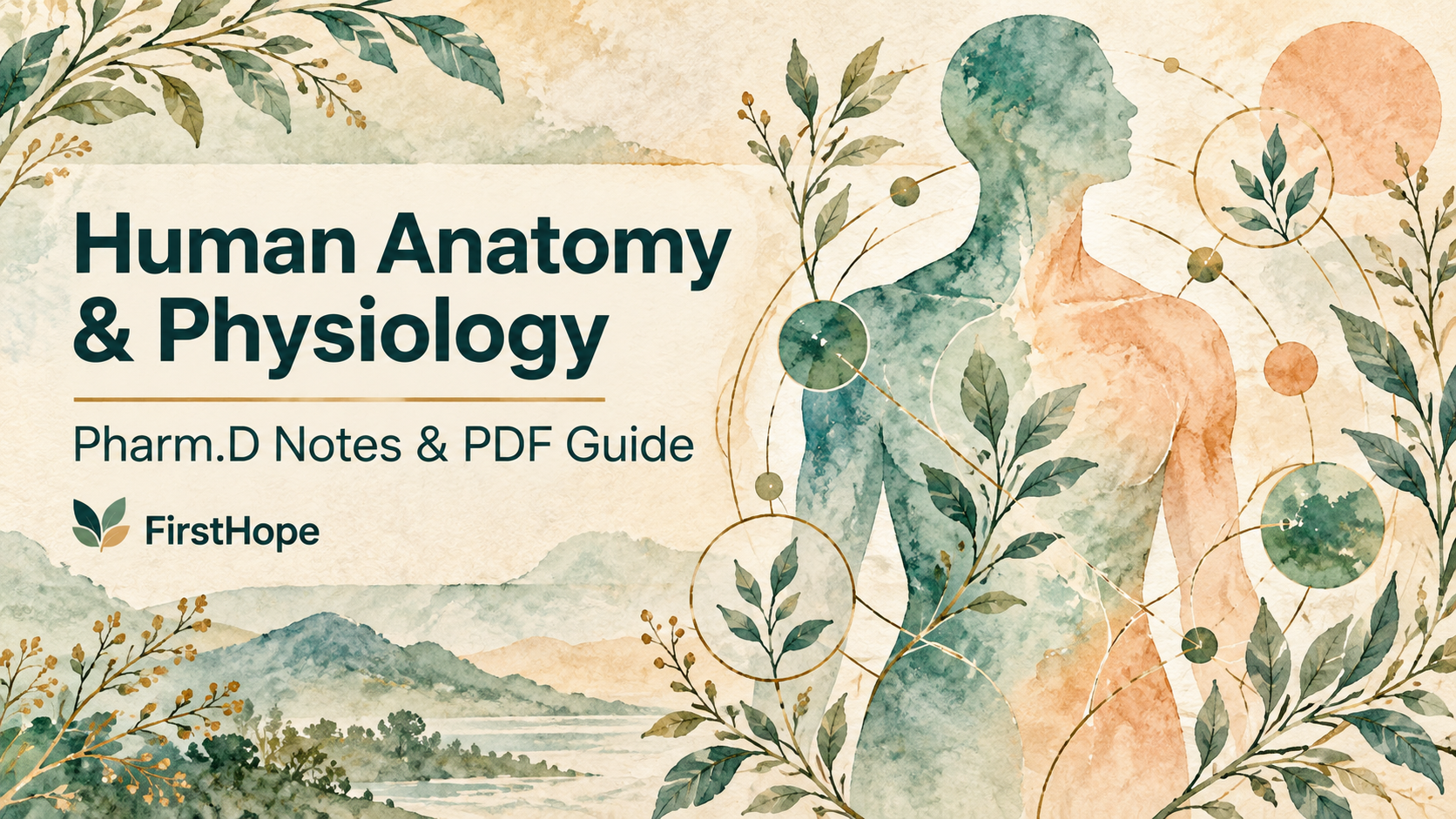 Botanical ink and watercolor silhouette cover titled Human Anatomy & Physiology, with Pharm.D Notes & PDF Guide and FirstHope branding.