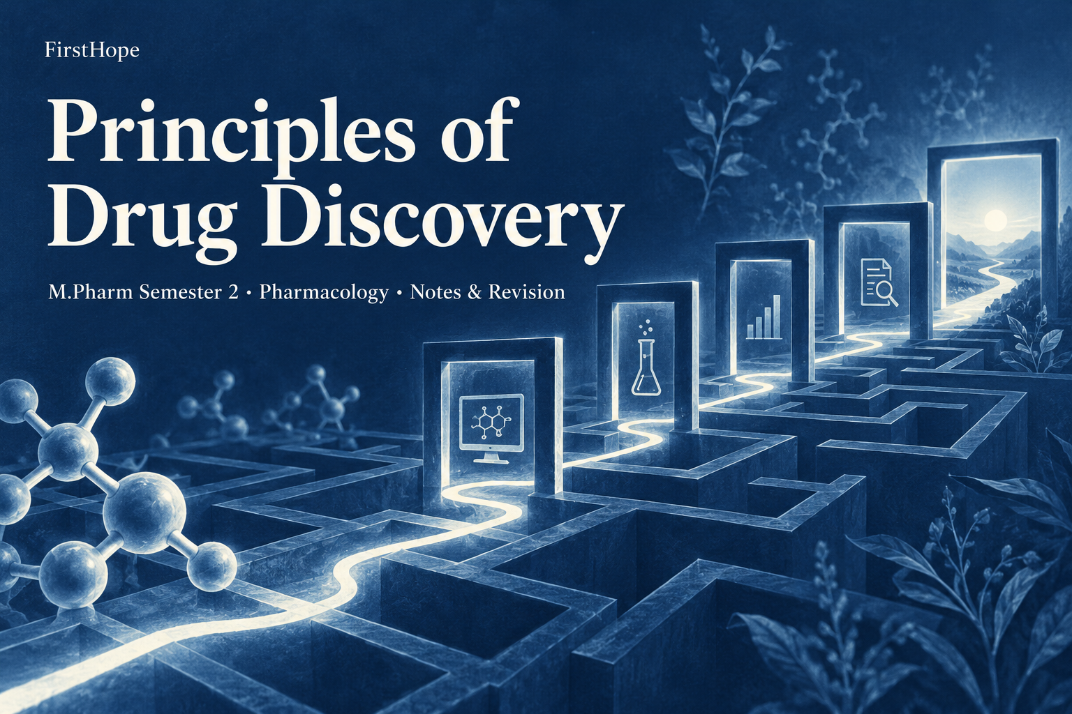 botanical cyanotype cover titled Principles of Drug Discovery, with M.Pharm Semester 2 · Pharmacology Notes & Revision and FirstHope branding.