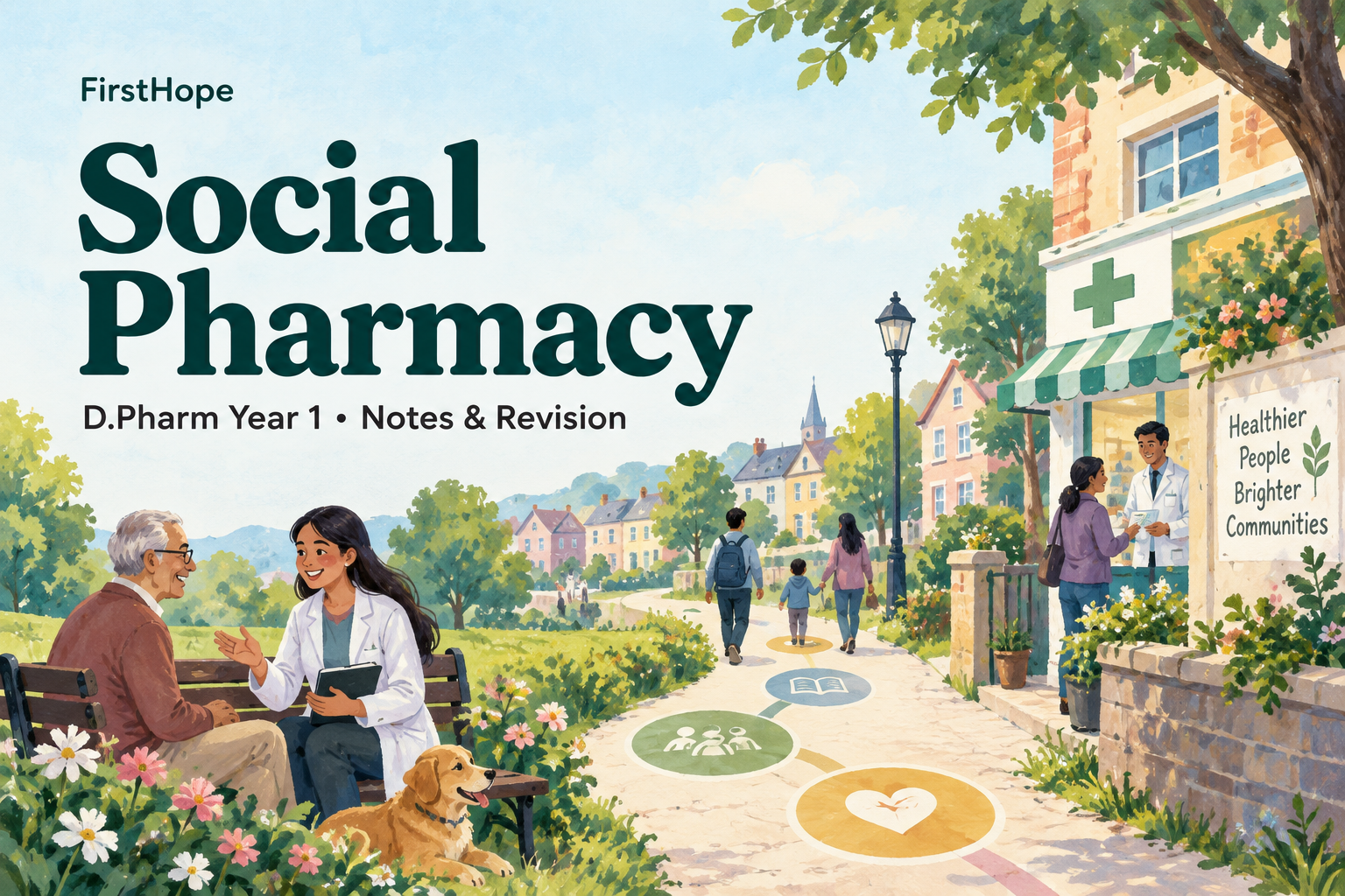 pastel gouache cover titled Social Pharmacy, with D.Pharm Year 1 Notes & Revision and FirstHope branding.