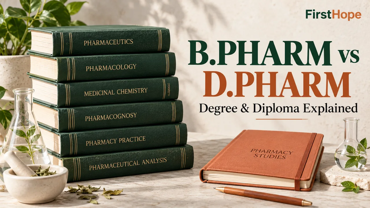 B.Pharm vs D.Pharm and Degree and Diploma Explained text beside green pharmacy textbooks and a terracotta notebook.