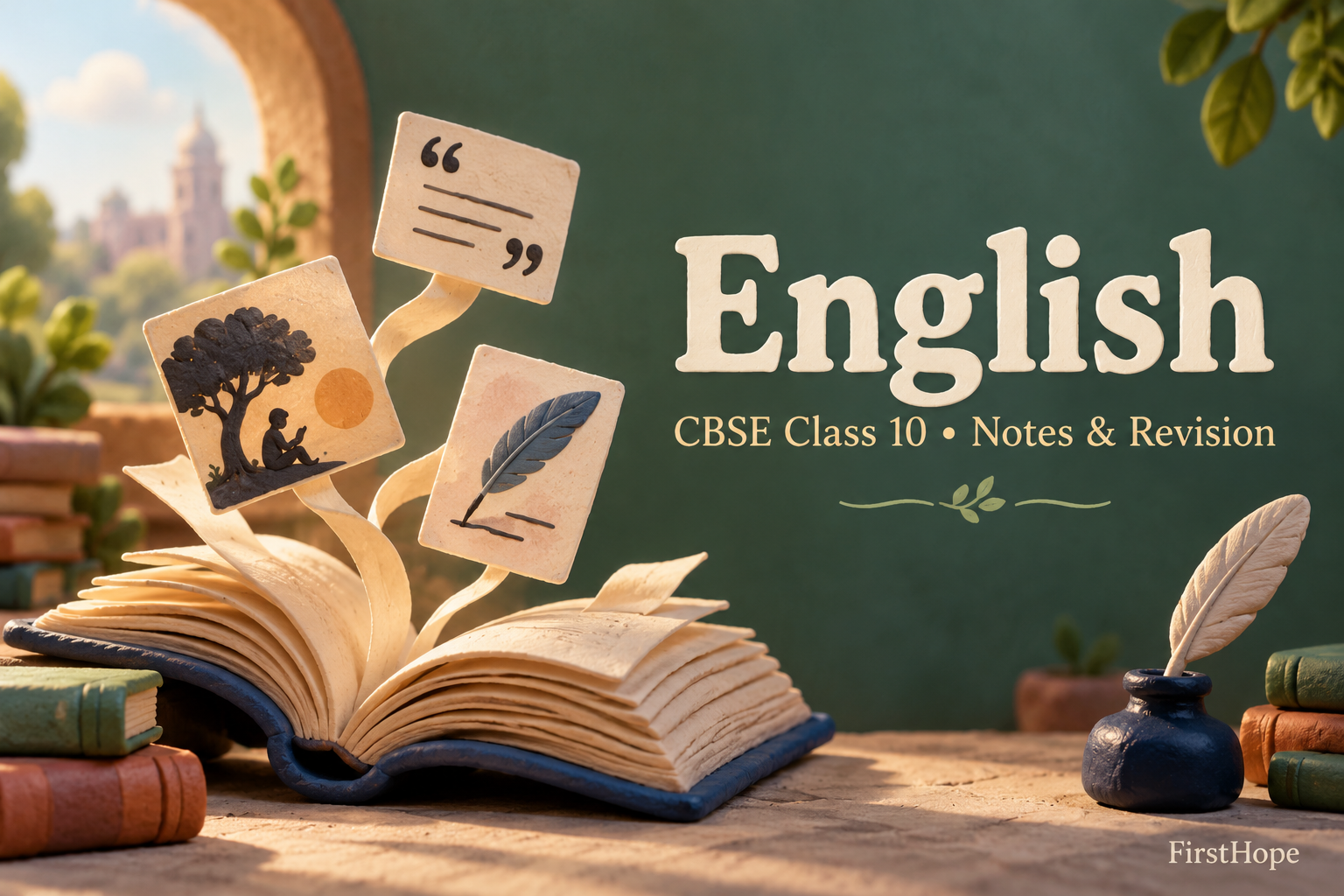 clay sculpture cover titled English, with CBSE Class 10 Notes & Revision and FirstHope branding.