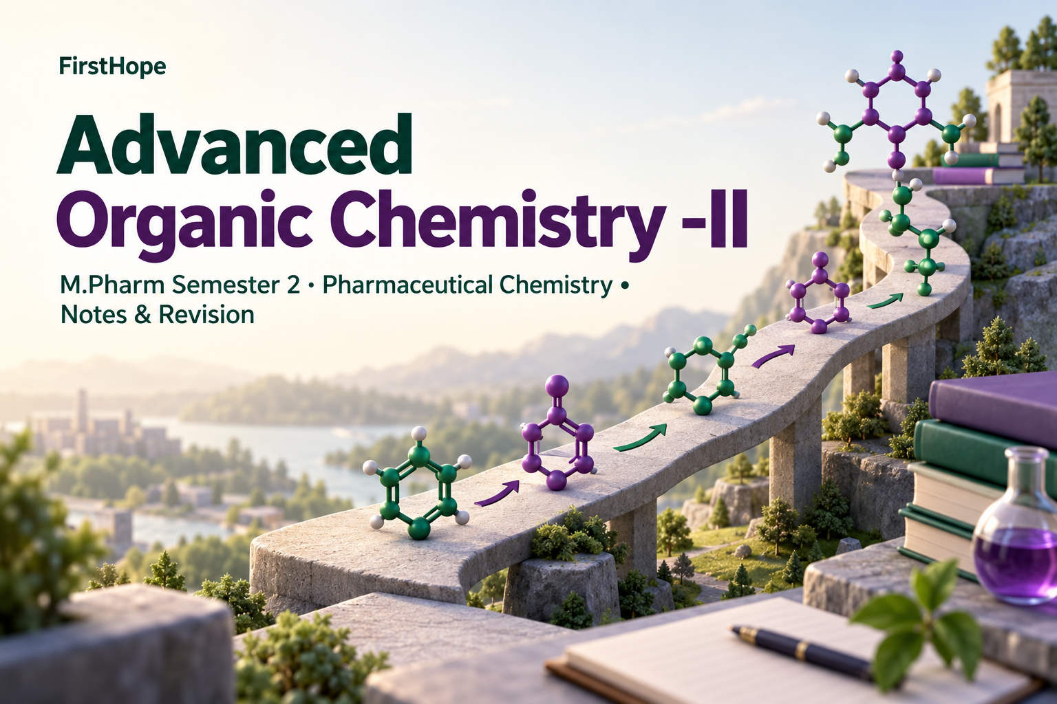 isometric miniature cover titled Advanced Organic Chemistry -II, with M.Pharm Semester 2 · Pharmaceutical Chemistry Notes & Revision and FirstHope branding.