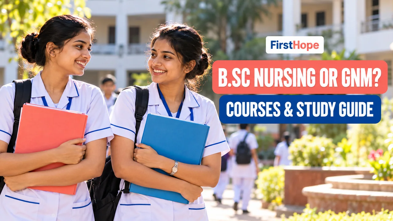FirstHope B.Sc Nursing and GNM: Course, College and Notes Guide cover with a distinct creative study scene and large readable text.
