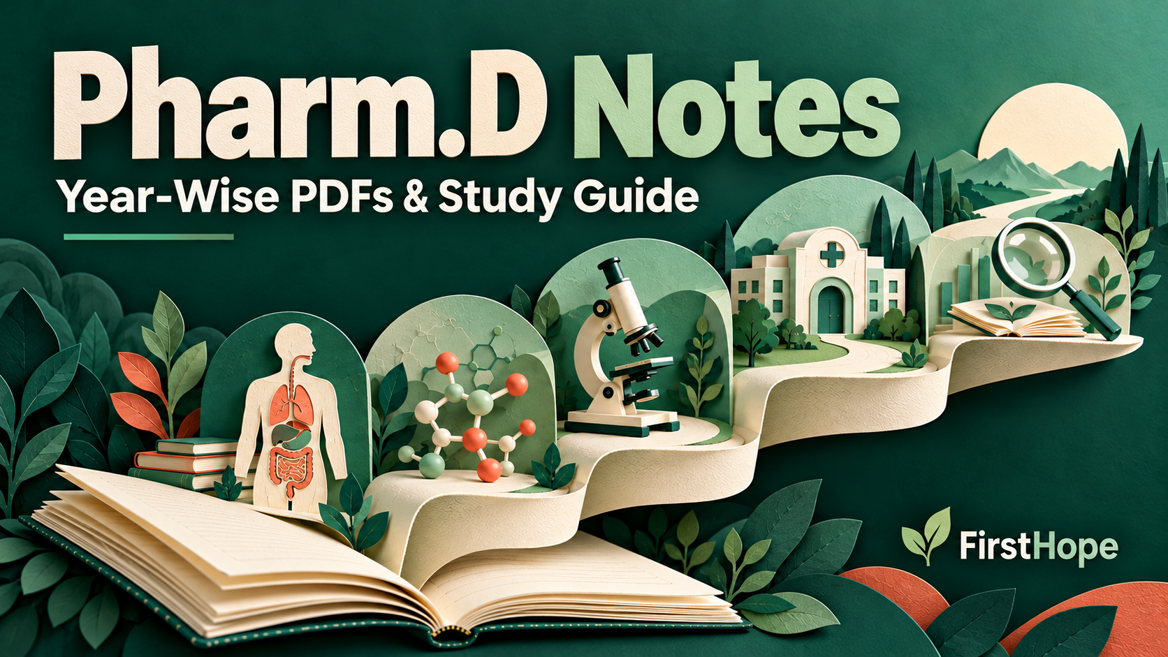 Paper-cut academic landscape cover titled Pharm.D Notes, with Year-Wise PDFs & Study Guide and FirstHope branding.